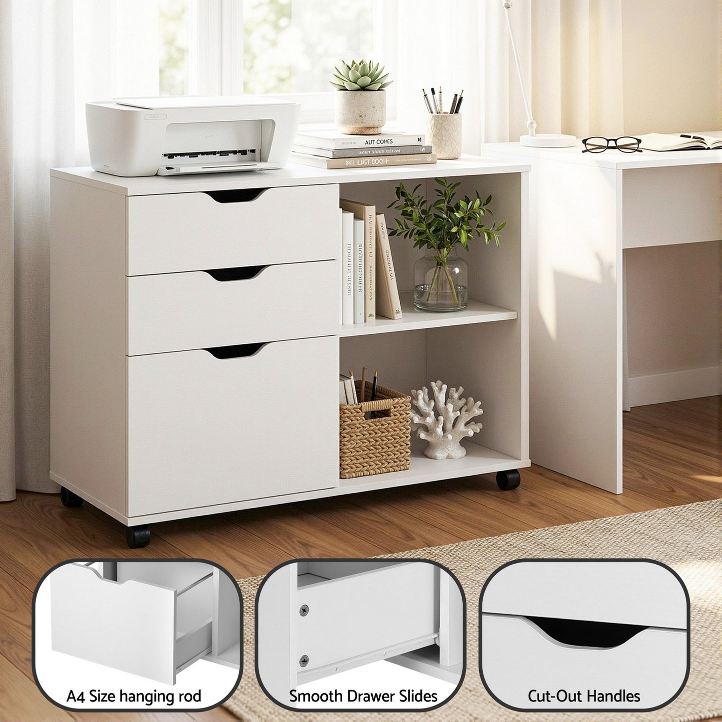 Artiss 3 Drawer Mobile Filing Cabinet Printer Stand Cabinet Home Office Storage White - Image 7