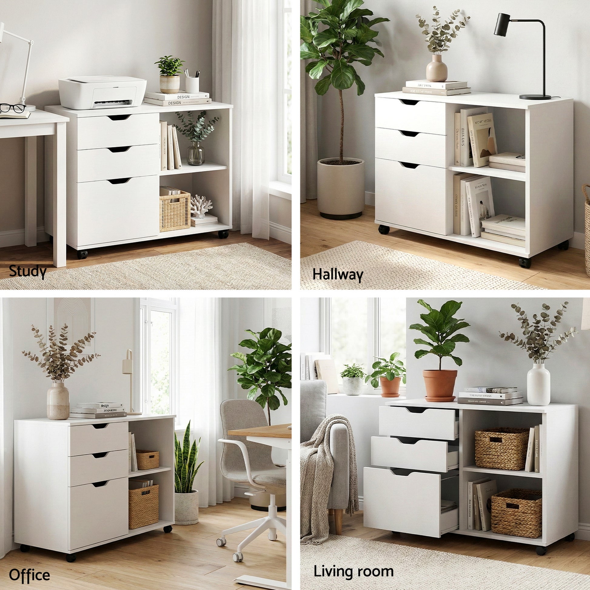 Artiss 3 Drawer Mobile Filing Cabinet Printer Stand Cabinet Home Office Storage White - Image 8