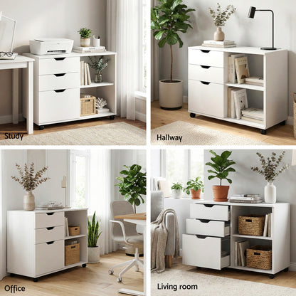 Artiss 3 Drawer Mobile Filing Cabinet Printer Stand Cabinet Home Office Storage White - Image 8