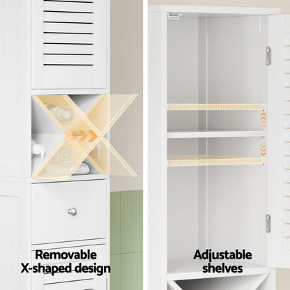 Artiss Bathroom Storage Cabinet 170cm Tall Slim Organiser Toilet Corner Adjustable Shelf Louver Door White - Image 6