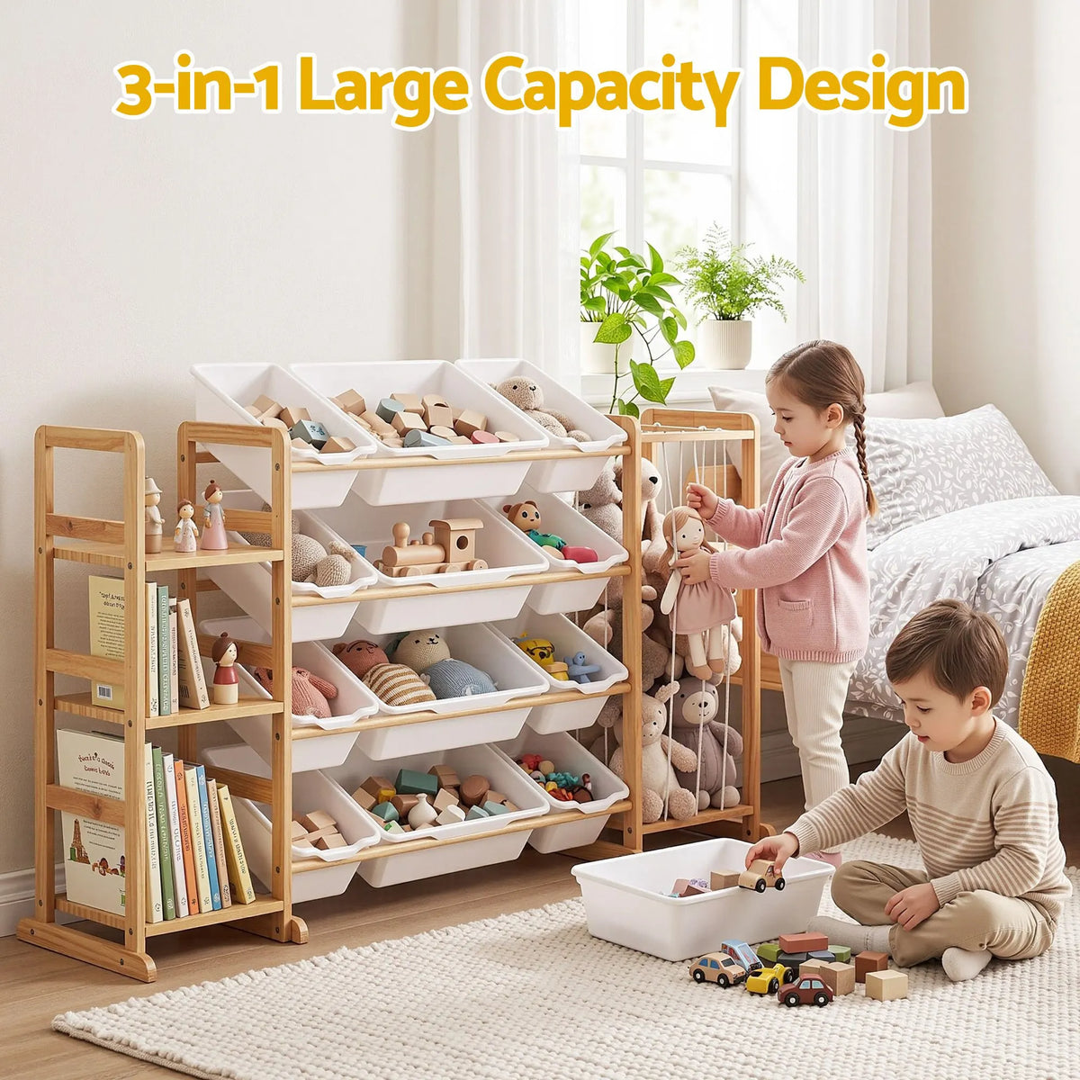 Keezi 3-in-1 Kids Toy Storage Organiser with 12 Bins, Shelves & Animal Storage - Image 7