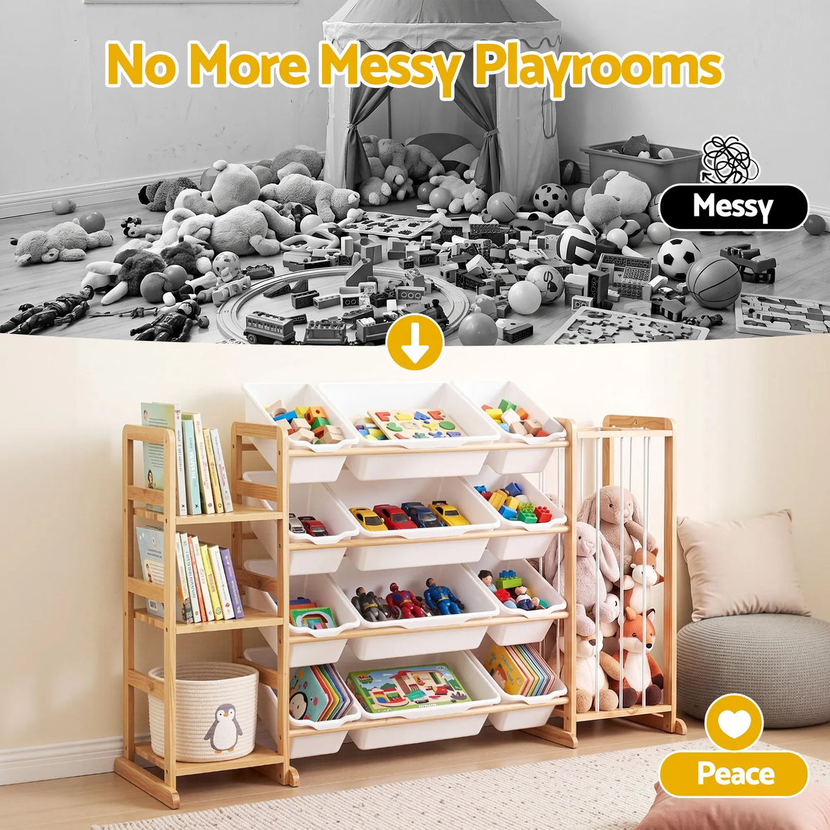 Keezi 3-in-1 Kids Toy Storage Organiser with 12 Bins, Shelves & Animal Storage - Image 8