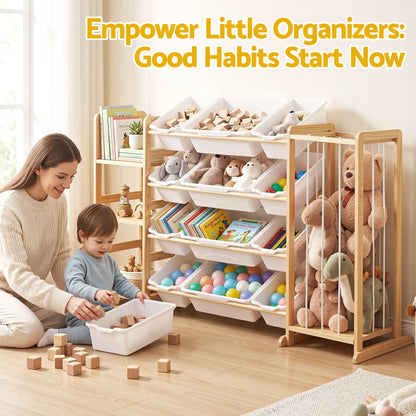 Keezi 3-in-1 Kids Toy Storage Organiser with 12 Bins, Shelves & Animal Storage - Image 9