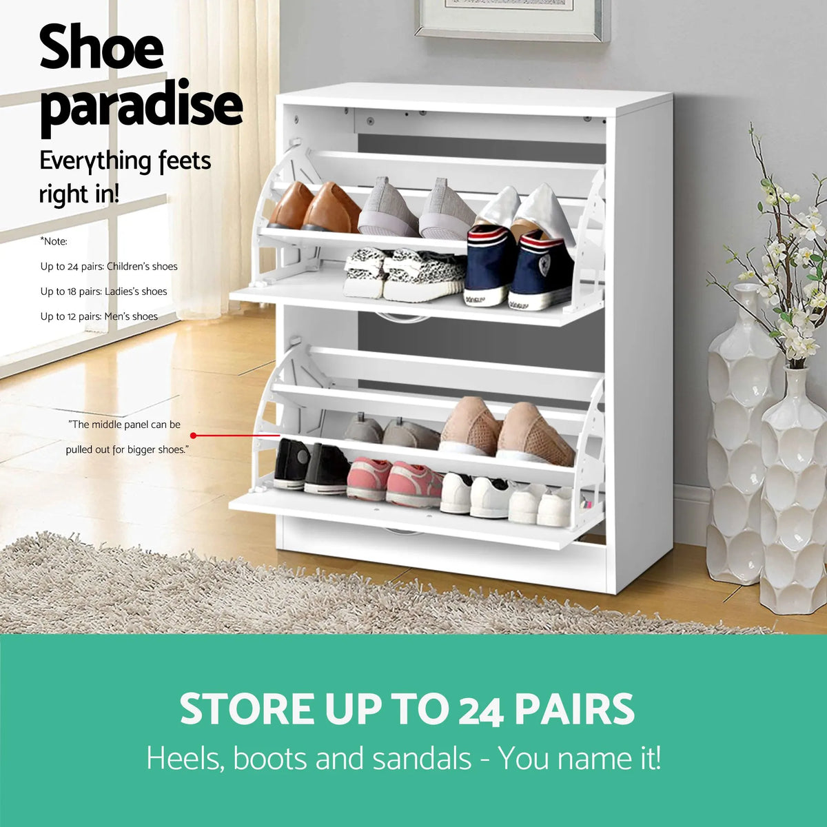 Artiss 2x Shoe Cabinet Storage Organiser 2 Flip Drawer White - Image 6