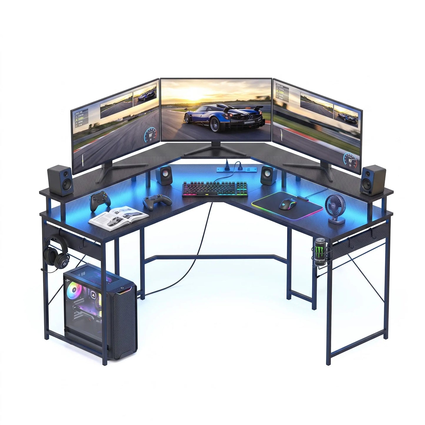 Artiss L-Shape Gaming Desk Computer Desks RGB LED Power Outlet 130cm Black