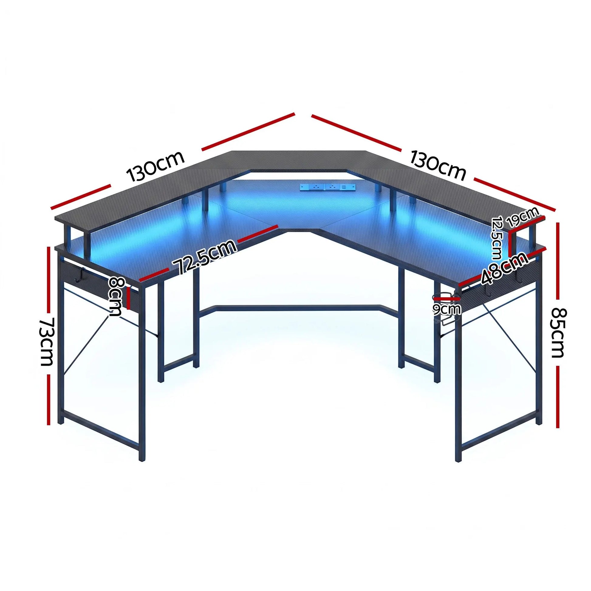 Artiss L-Shape Gaming Desk Computer Desks RGB LED Power Outlet 130cm Black - Image 2