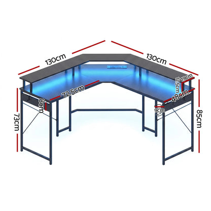 Artiss L-Shape Gaming Desk Computer Desks RGB LED Power Outlet 130cm Black - Image 2
