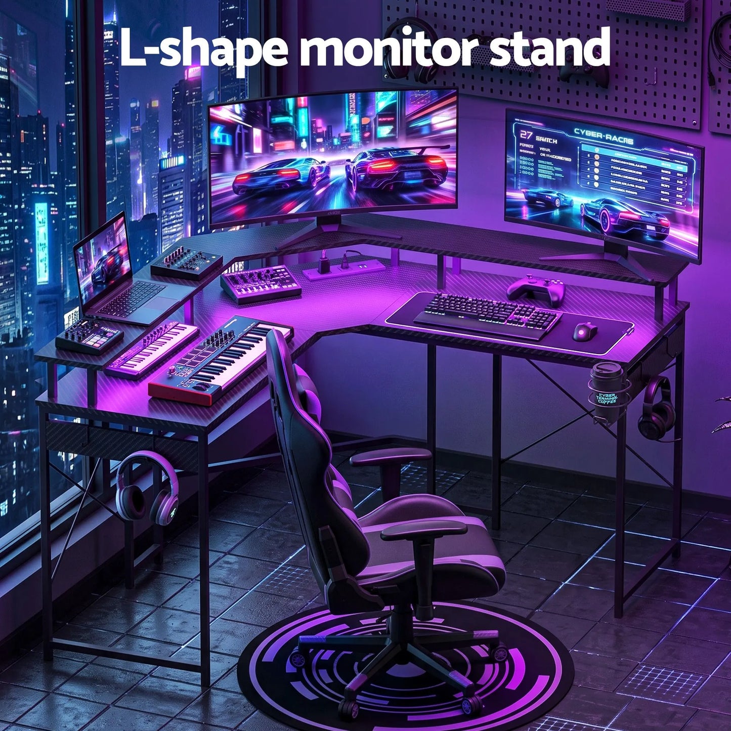 Artiss L-Shape Gaming Desk Computer Desks RGB LED Power Outlet 130cm Black - Image 4