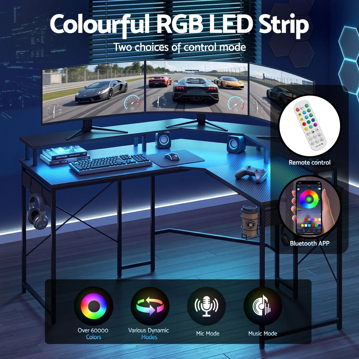Artiss L-Shape Gaming Desk Computer Desks RGB LED Power Outlet 130cm Black - Image 5
