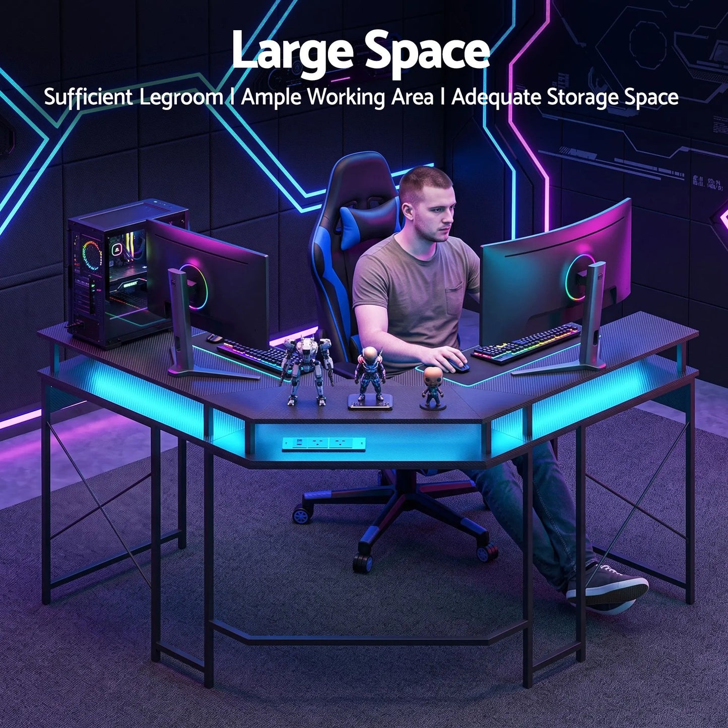 Artiss L-Shape Gaming Desk Computer Desks RGB LED Power Outlet 130cm Black - Image 6
