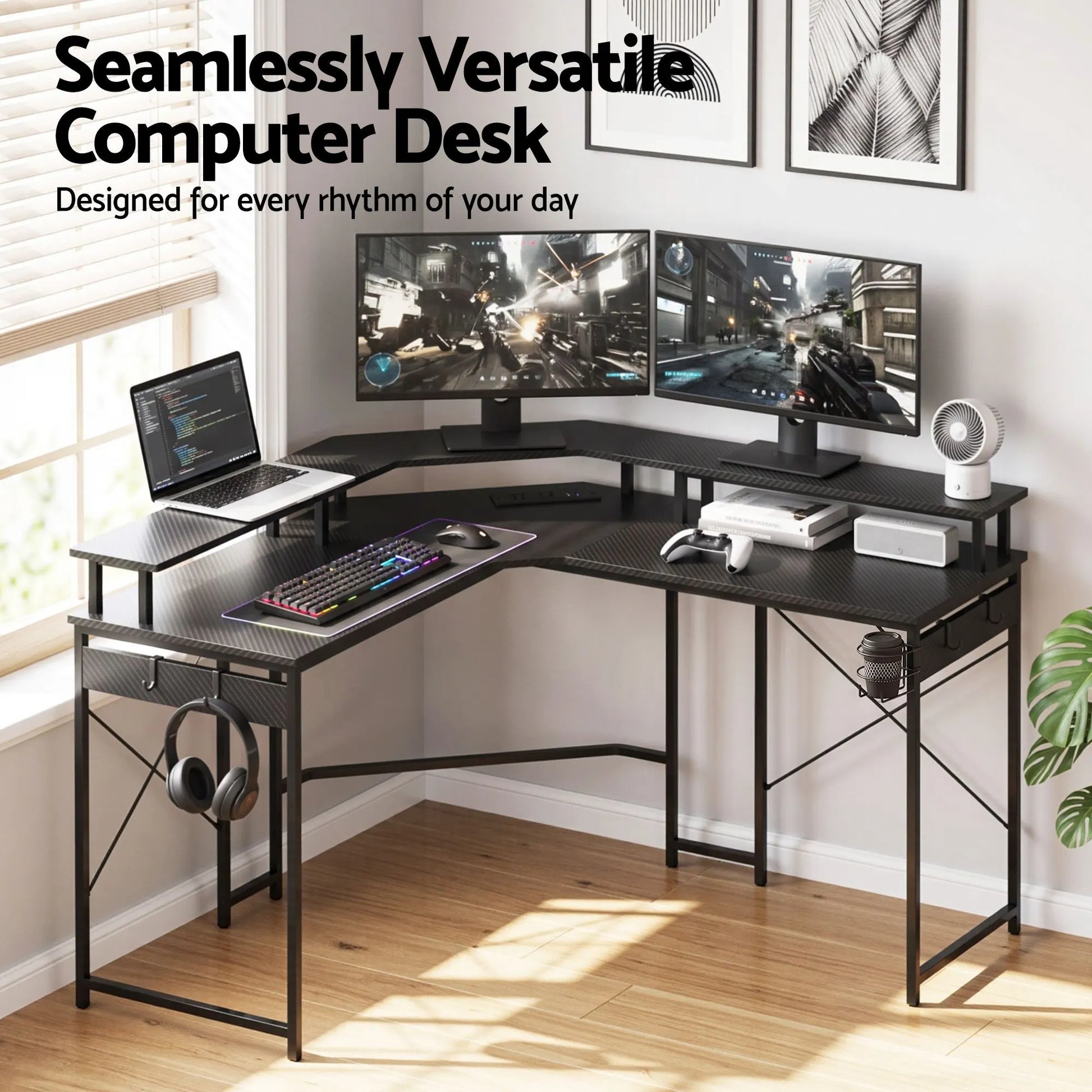 Artiss L-Shape Gaming Desk Computer Desks RGB LED Power Outlet 130cm Black - Image 9