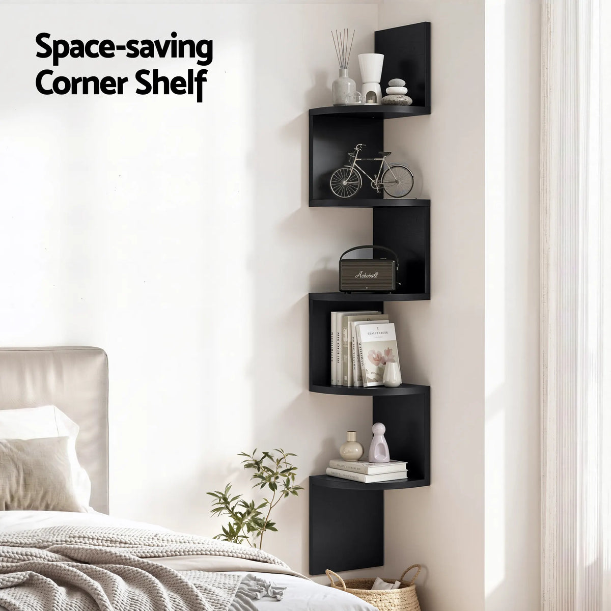 Artiss Wall Shelf Bookshelf Corner Floating 5-Tier Black - Image 5