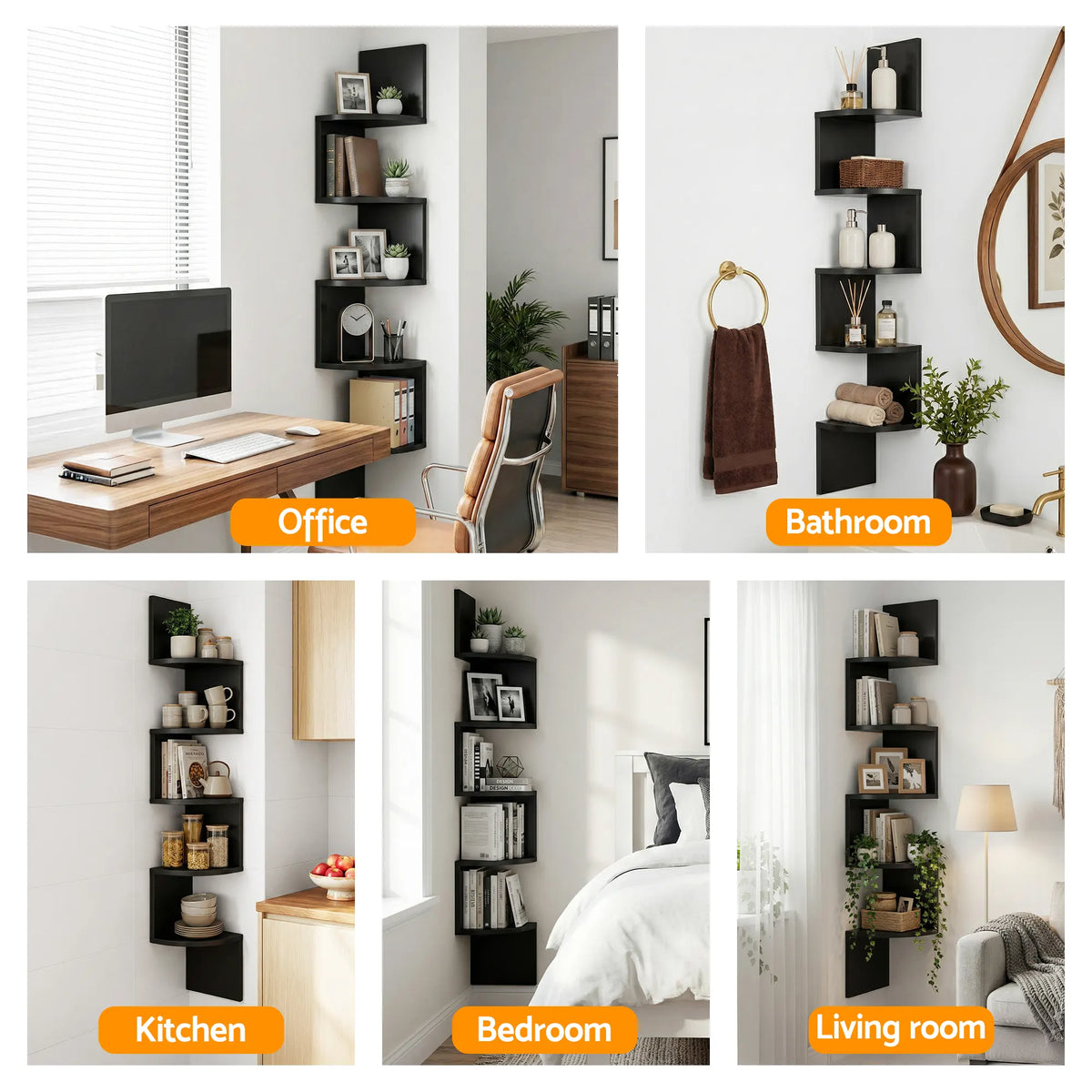 Artiss Wall Shelf Bookshelf Corner Floating 5-Tier Black - Image 8