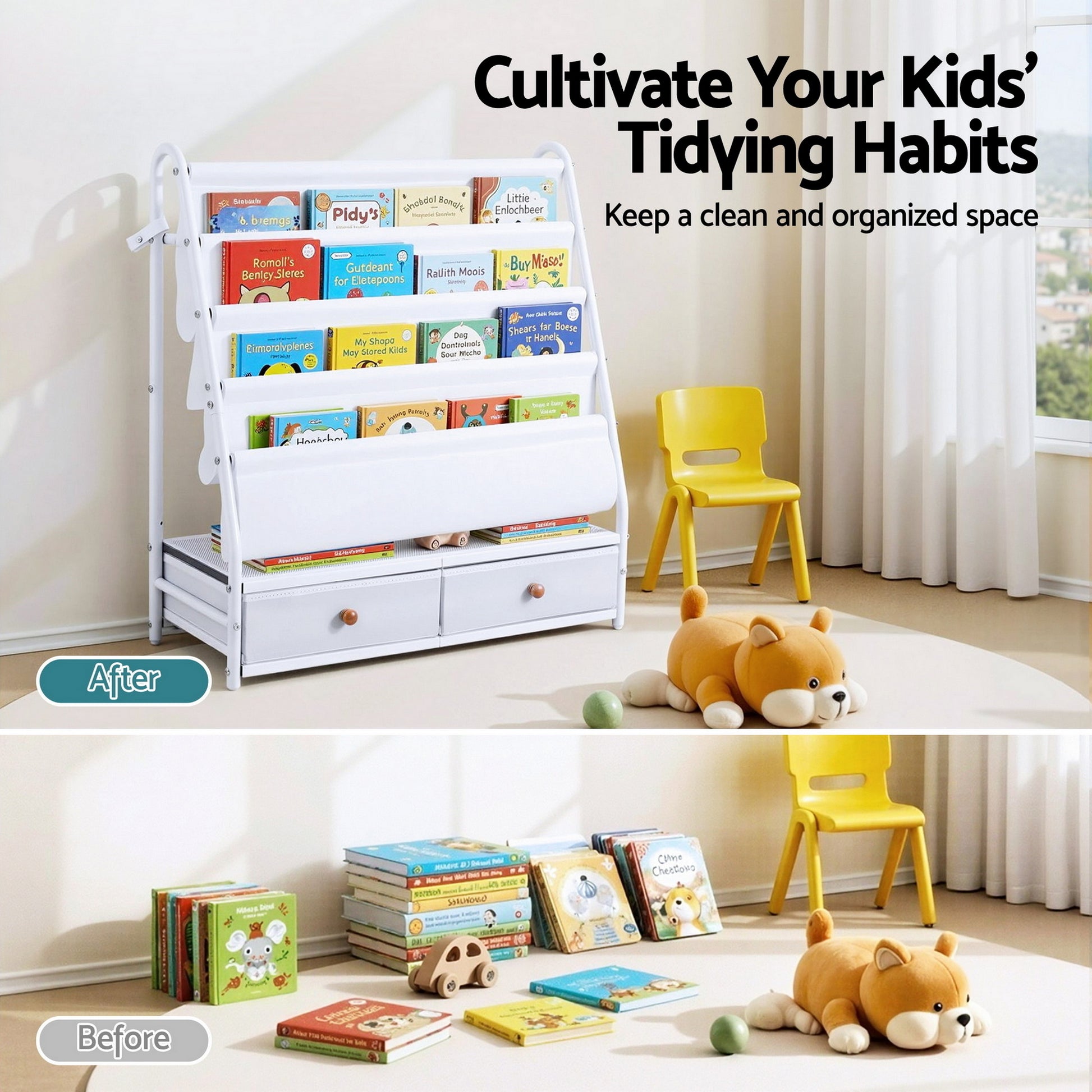 Keezi Kids Bookshelf Metal Storage Rack Toy Organiser Display Shelf Drawer White - Image 6