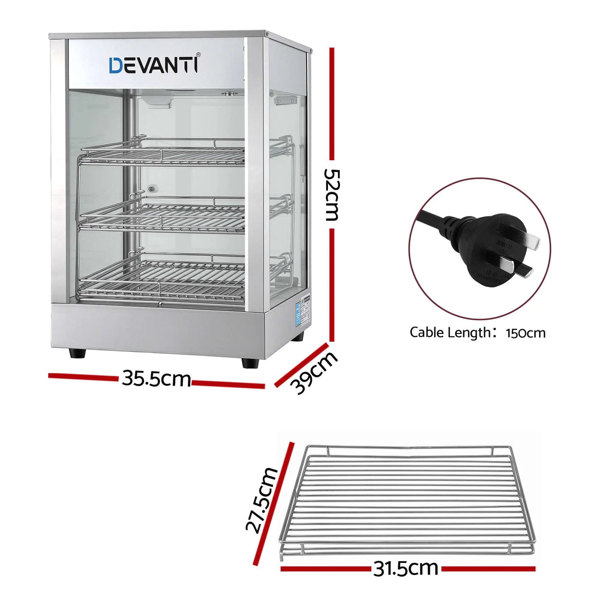 Devanti Commercial Food Warmer 850W 3 Shelf Heated Display Cabinet - Image 2