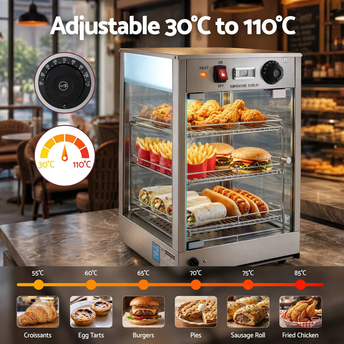 Devanti Commercial Food Warmer 850W 3 Shelf Heated Display Cabinet - Image 6