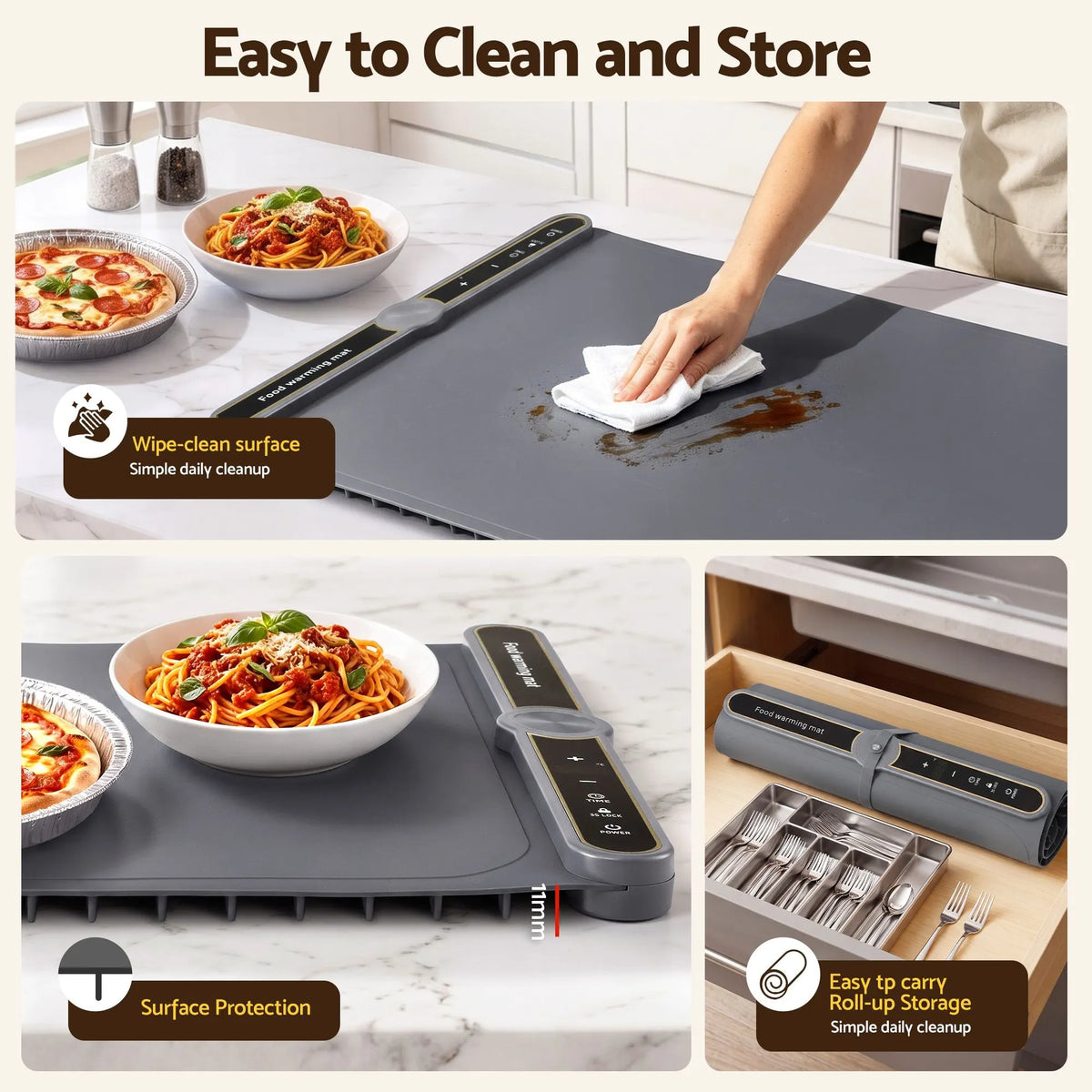 Devanti Food Warming Mat 80cm Electric Food Warmer Roll Up Buffet Tray Grey - Image 7