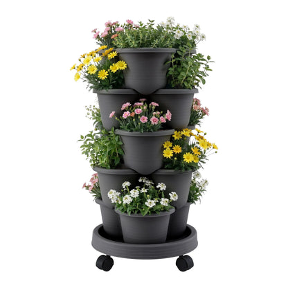 Green Fingers 5 Tier Vertical Garden Planter, Stackable Planters with 4 Wheels, Black, Raised Garden Bed, Garden Tower Indoor Outdoor, Auto Drainage System, for Strawberries, Herbs, Flower, Vegetables - Image 9