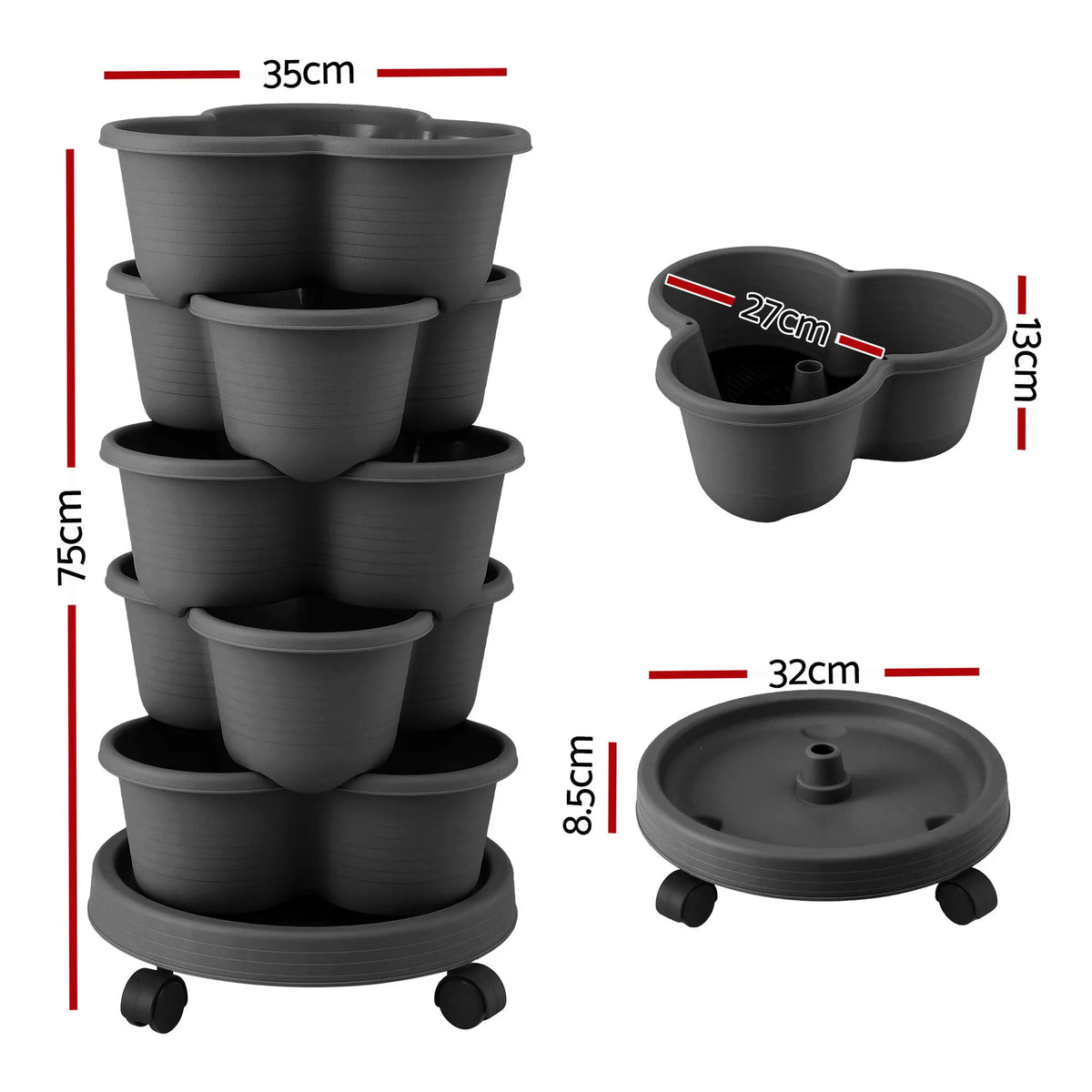 Green Fingers 5 Tier Vertical Garden Planter, Stackable Planters with 4 Wheels, Black, Raised Garden Bed, Garden Tower Indoor Outdoor, Auto Drainage System, for Strawberries, Herbs, Flower, Vegetables - Image 8