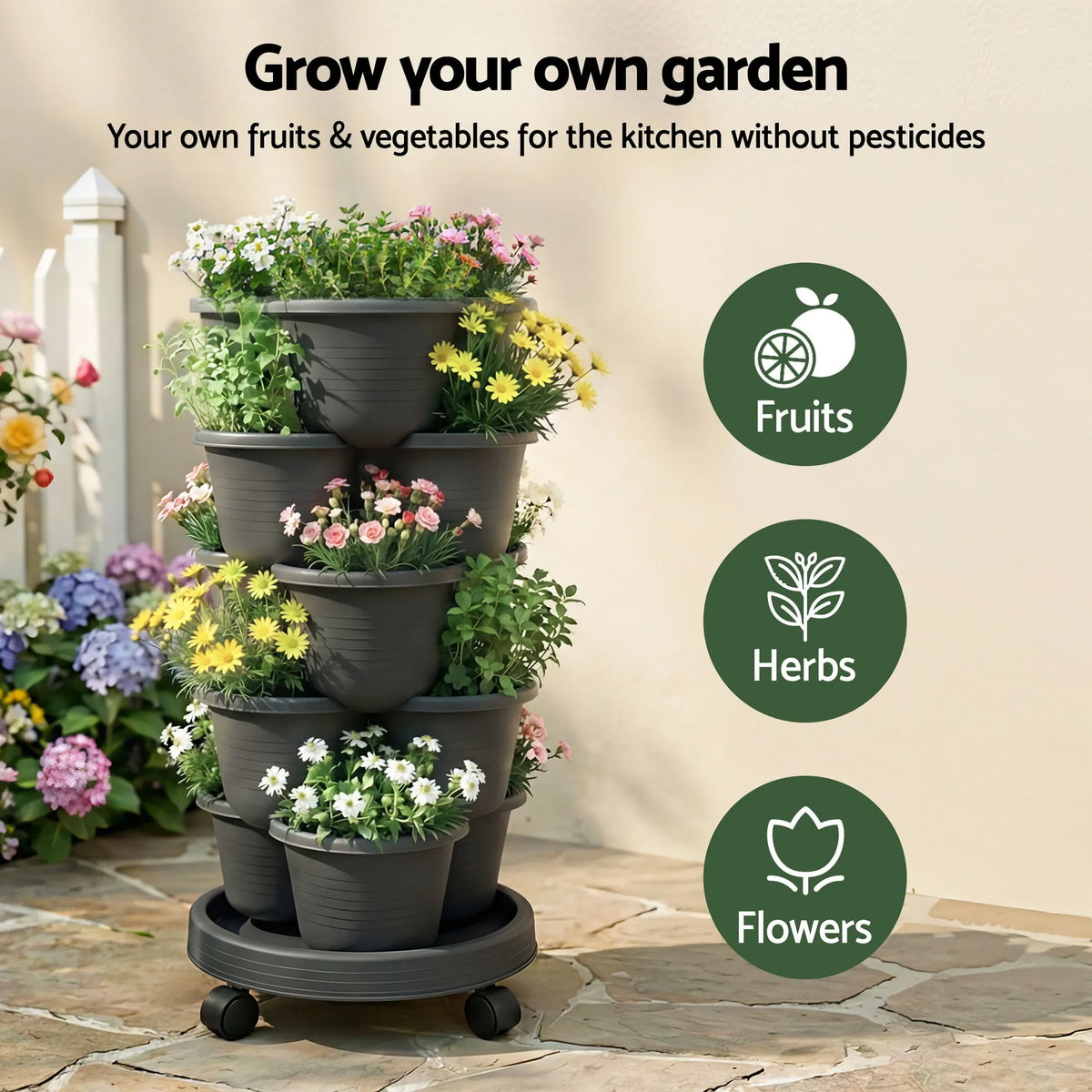 Green Fingers 5 Tier Vertical Garden Planter, Stackable Planters with 4 Wheels, Black, Raised Garden Bed, Garden Tower Indoor Outdoor, Auto Drainage System, for Strawberries, Herbs, Flower, Vegetables - Image 2
