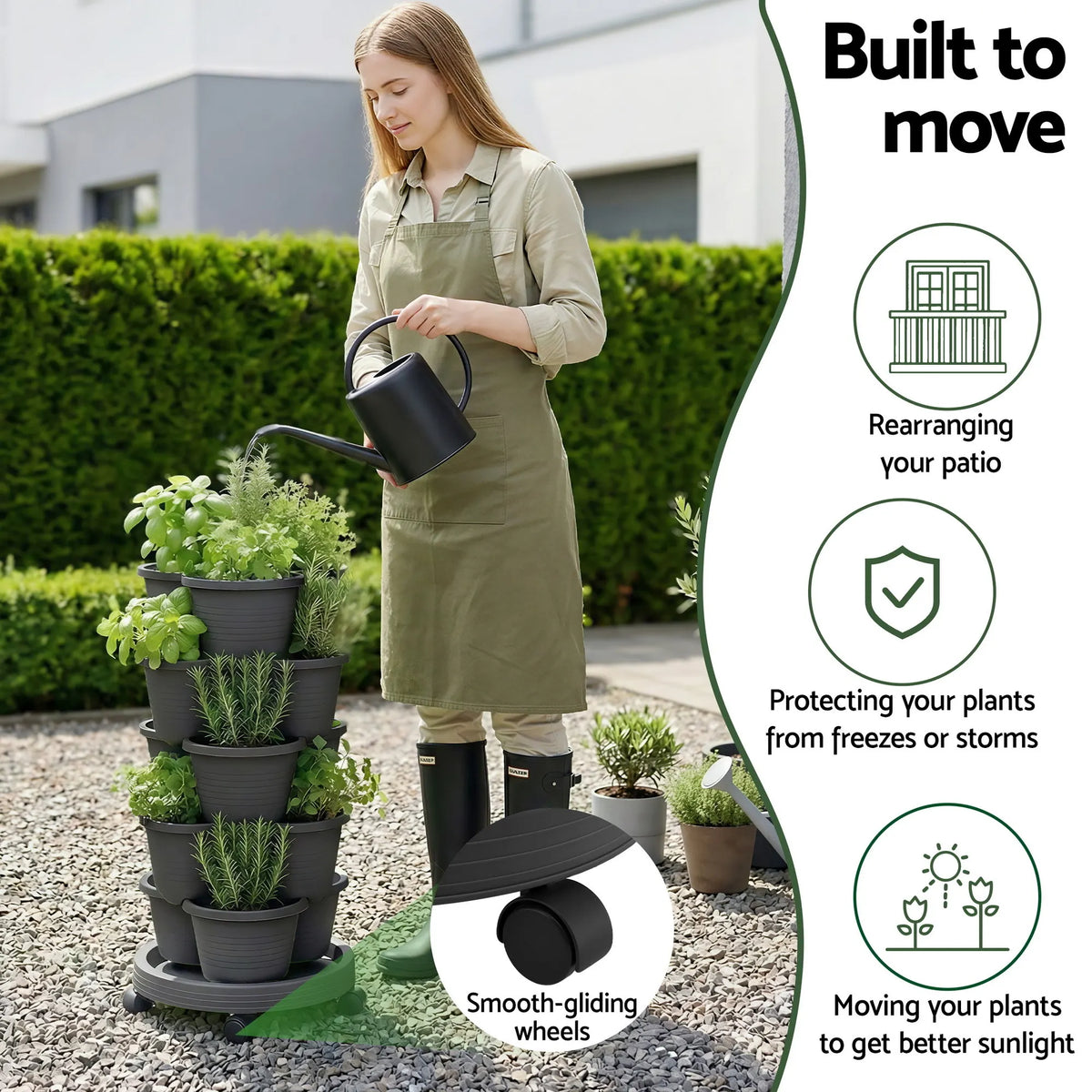 Green Fingers 5 Tier Vertical Garden Planter, Stackable Planters with 4 Wheels, Black, Raised Garden Bed, Garden Tower Indoor Outdoor, Auto Drainage System, for Strawberries, Herbs, Flower, Vegetables - Image 3