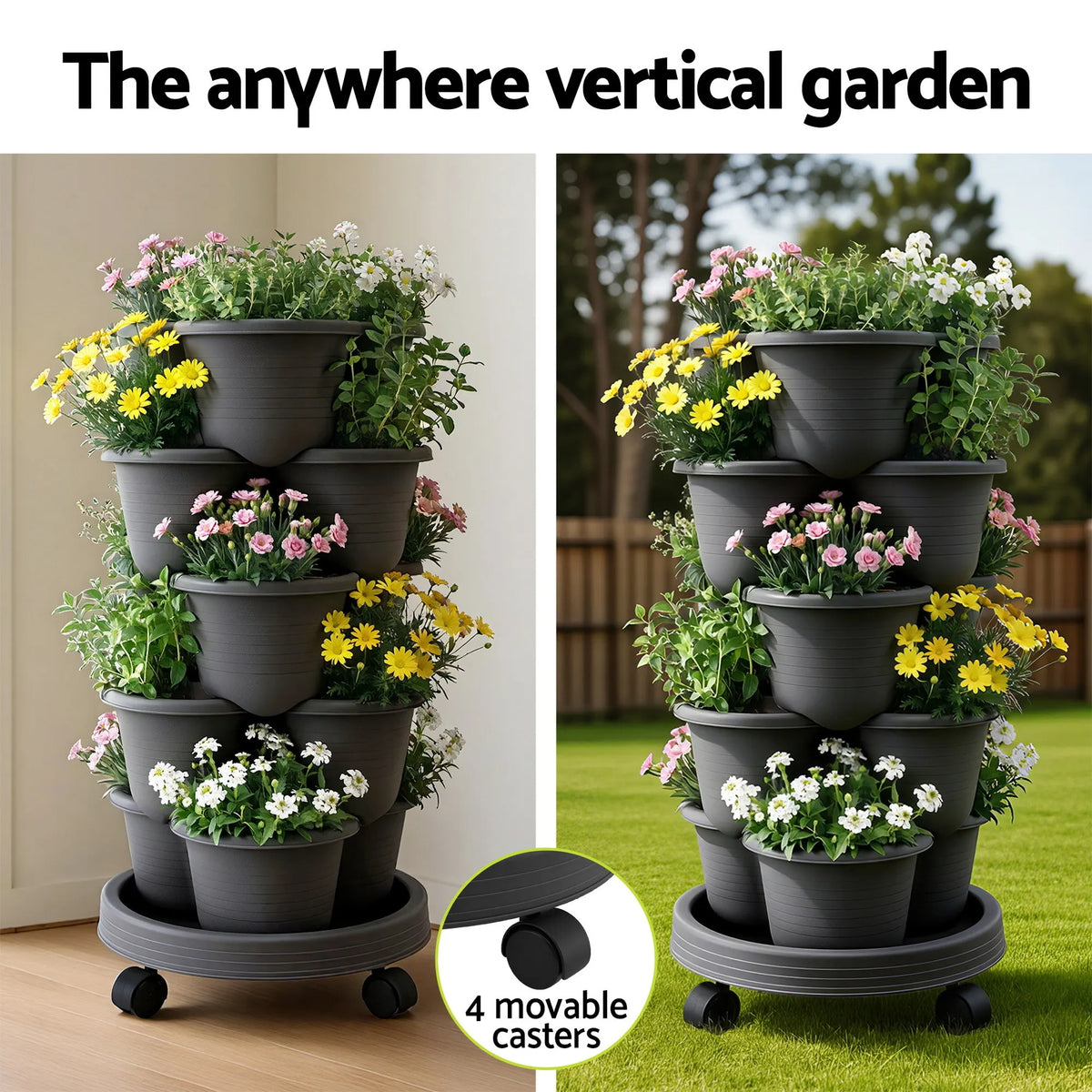Green Fingers 5 Tier Vertical Garden Planter, Stackable Planters with 4 Wheels, Black, Raised Garden Bed, Garden Tower Indoor Outdoor, Auto Drainage System, for Strawberries, Herbs, Flower, Vegetables - Image 4