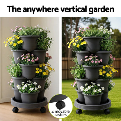 Green Fingers 5 Tier Vertical Garden Planter, Stackable Planters with 4 Wheels, Black, Raised Garden Bed, Garden Tower Indoor Outdoor, Auto Drainage System, for Strawberries, Herbs, Flower, Vegetables - Image 4