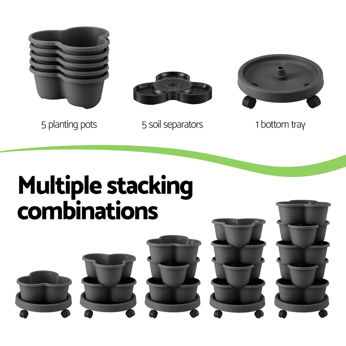 Green Fingers 5 Tier Vertical Garden Planter, Stackable Planters with 4 Wheels, Black, Raised Garden Bed, Garden Tower Indoor Outdoor, Auto Drainage System, for Strawberries, Herbs, Flower, Vegetables - Image 6