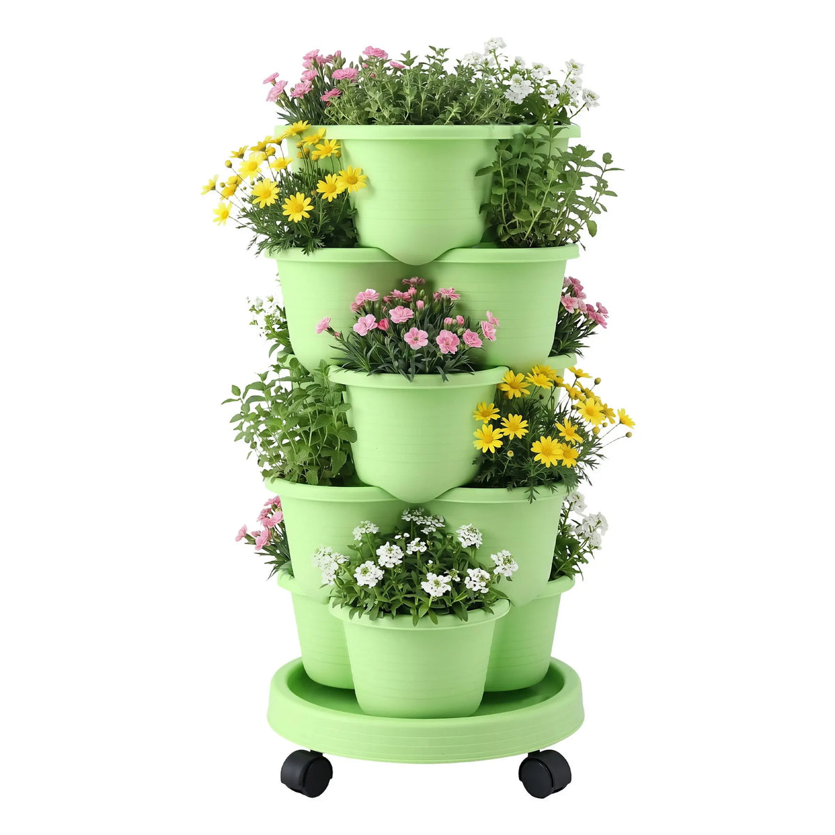 Green Fingers 5 Tier Vertical Garden Planter, Stackable Planters with Wheels, Light Green, Garden Bed, Garden Tower Indoor Outdoor, Auto Drainage System, for Strawberries, Herbs, Flowers, Vegetables - Image 8
