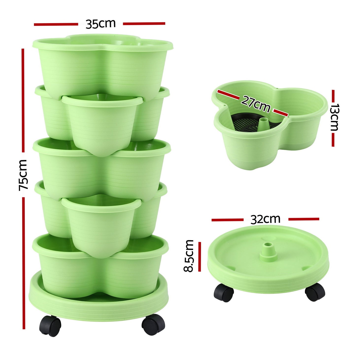 Green Fingers 5 Tier Vertical Garden Planter, Stackable Planters with Wheels, Light Green, Garden Bed, Garden Tower Indoor Outdoor, Auto Drainage System, for Strawberries, Herbs, Flowers, Vegetables - Image 2