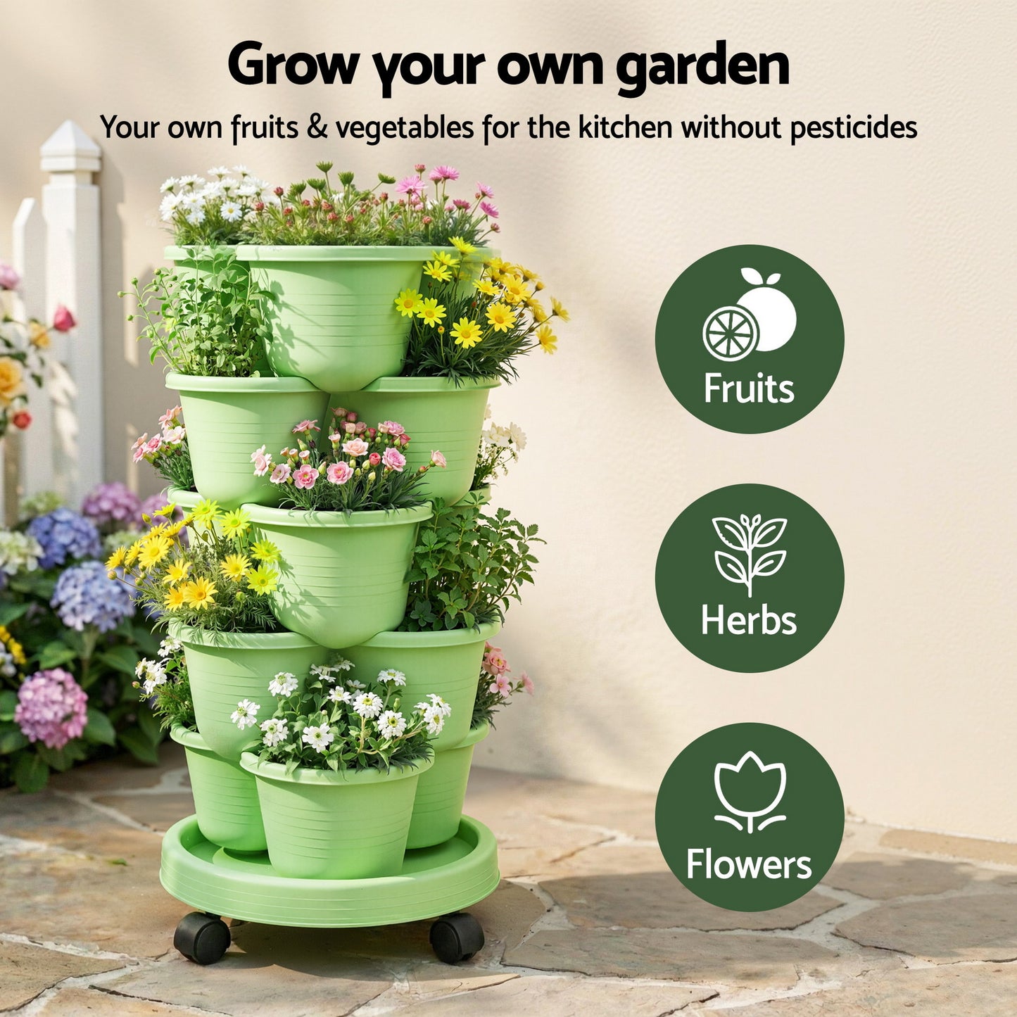 Green Fingers 5 Tier Vertical Garden Planter, Stackable Planters with Wheels, Light Green, Garden Bed, Garden Tower Indoor Outdoor, Auto Drainage System, for Strawberries, Herbs, Flowers, Vegetables - Image 4