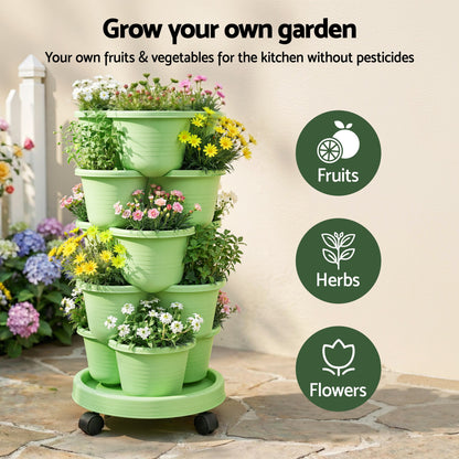 Green Fingers 5 Tier Vertical Garden Planter, Stackable Planters with Wheels, Light Green, Garden Bed, Garden Tower Indoor Outdoor, Auto Drainage System, for Strawberries, Herbs, Flowers, Vegetables - Image 4