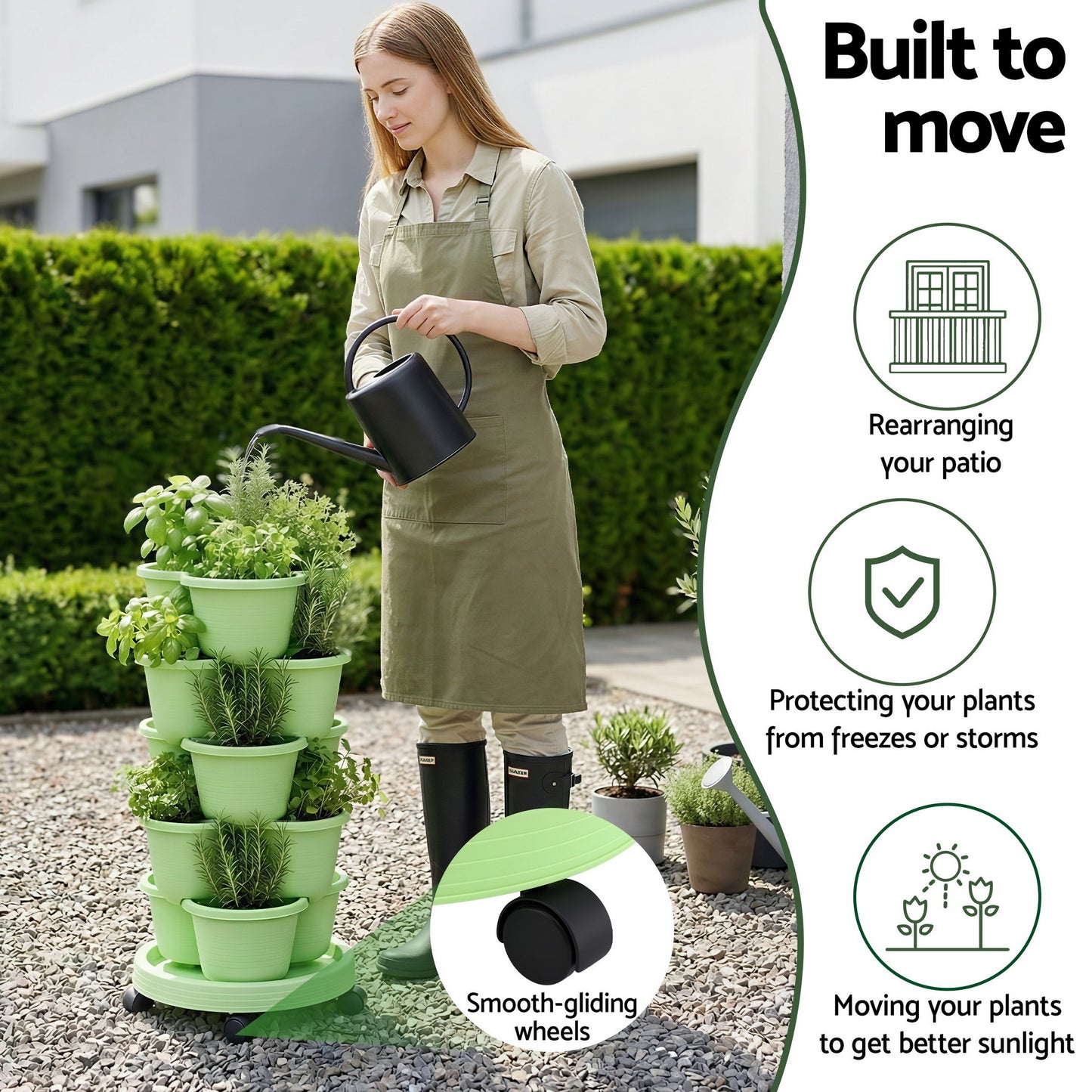 Green Fingers 5 Tier Vertical Garden Planter, Stackable Planters with Wheels, Light Green, Garden Bed, Garden Tower Indoor Outdoor, Auto Drainage System, for Strawberries, Herbs, Flowers, Vegetables - Image 5