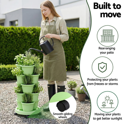 Green Fingers 5 Tier Vertical Garden Planter, Stackable Planters with Wheels, Light Green, Garden Bed, Garden Tower Indoor Outdoor, Auto Drainage System, for Strawberries, Herbs, Flowers, Vegetables - Image 5