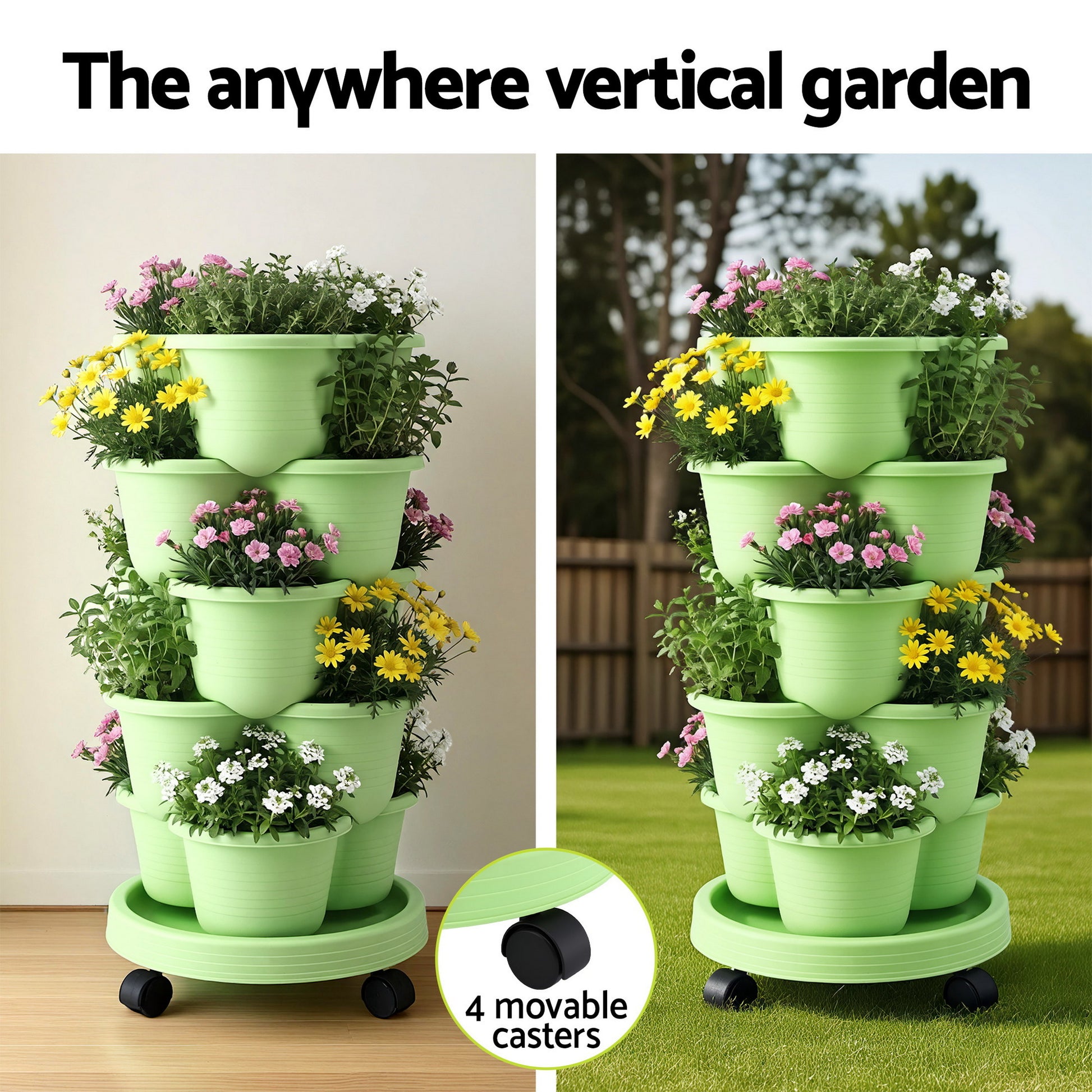 Green Fingers 5 Tier Vertical Garden Planter, Stackable Planters with Wheels, Light Green, Garden Bed, Garden Tower Indoor Outdoor, Auto Drainage System, for Strawberries, Herbs, Flowers, Vegetables - Image 6