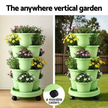Green Fingers 5 Tier Vertical Garden Planter, Stackable Planters with Wheels, Light Green, Garden Bed, Garden Tower Indoor Outdoor, Auto Drainage System, for Strawberries, Herbs, Flowers, Vegetables - Image 6