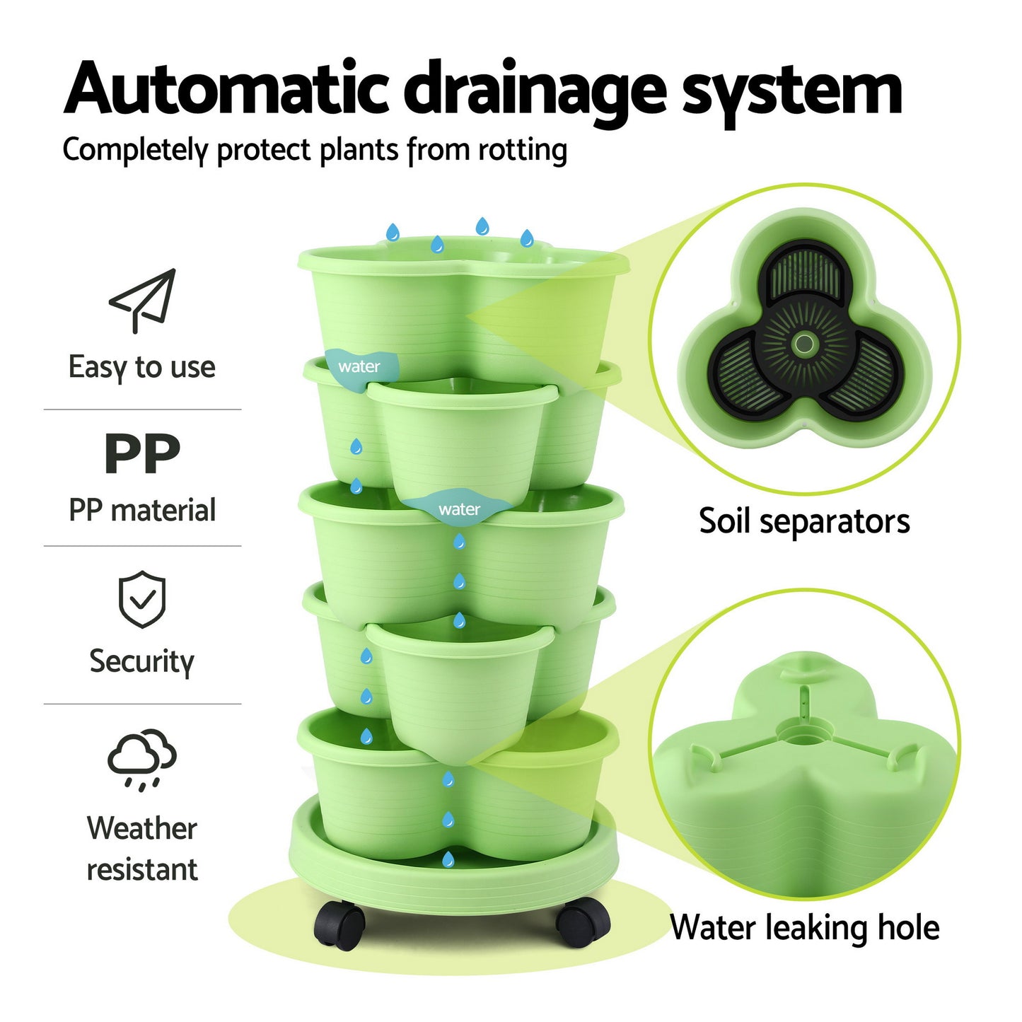 Green Fingers 5 Tier Vertical Garden Planter, Stackable Planters with Wheels, Light Green, Garden Bed, Garden Tower Indoor Outdoor, Auto Drainage System, for Strawberries, Herbs, Flowers, Vegetables - Image 7