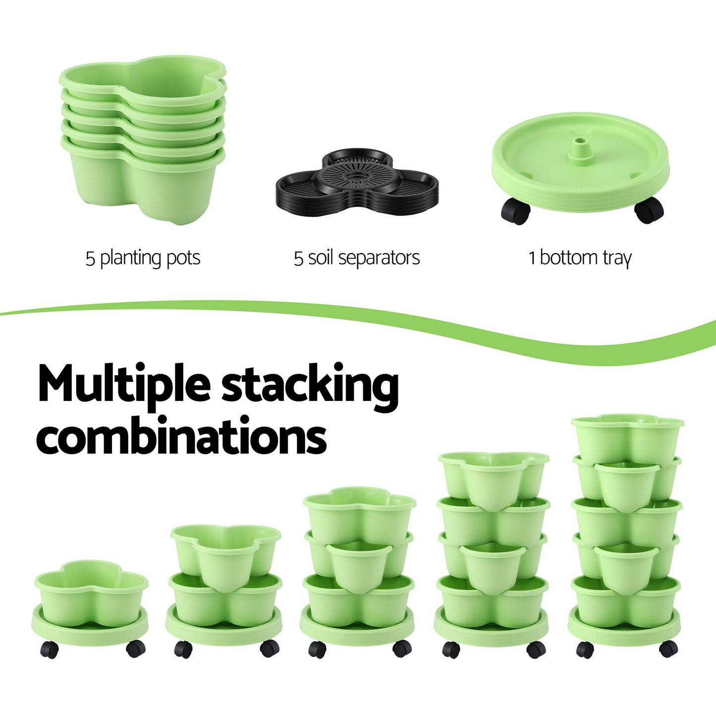 Green Fingers 5 Tier Vertical Garden Planter, Stackable Planters with Wheels, Light Green, Garden Bed, Garden Tower Indoor Outdoor, Auto Drainage System, for Strawberries, Herbs, Flowers, Vegetables - Image 8