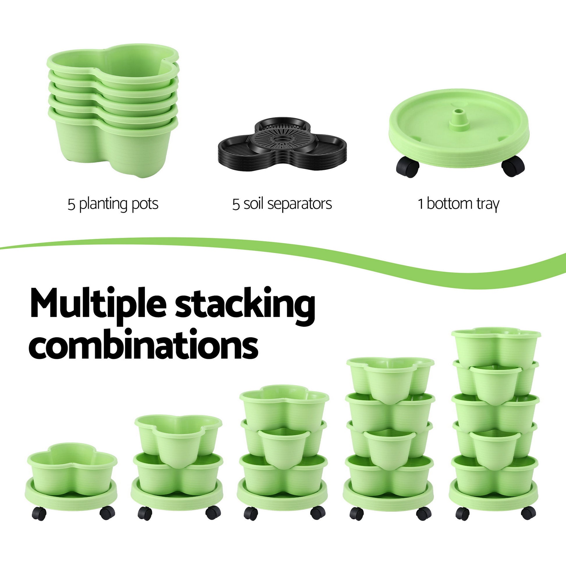 Green Fingers 5 Tier Vertical Garden Planter, Stackable Planters with Wheels, Light Green, Garden Bed, Garden Tower Indoor Outdoor, Auto Drainage System, for Strawberries, Herbs, Flowers, Vegetables - Image 8