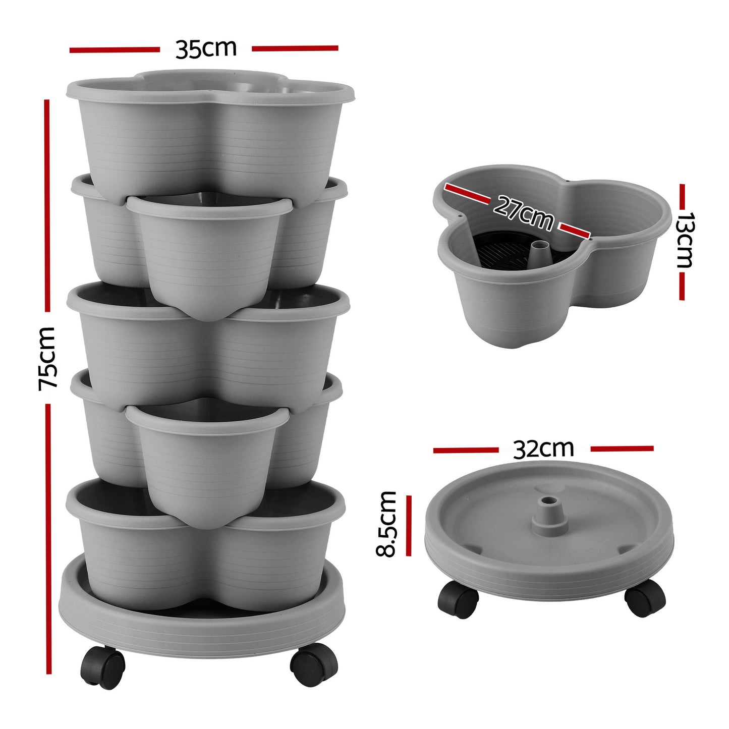 Green Fingers 5 Tier Vertical Garden Planter, Stackable Planters with 4 Wheels, Grey, Raised Garden Bed, Garden Tower Indoor Outdoor, Auto Drainage System, for Strawberries, Herbs, Flower, Vegetables - Image 2