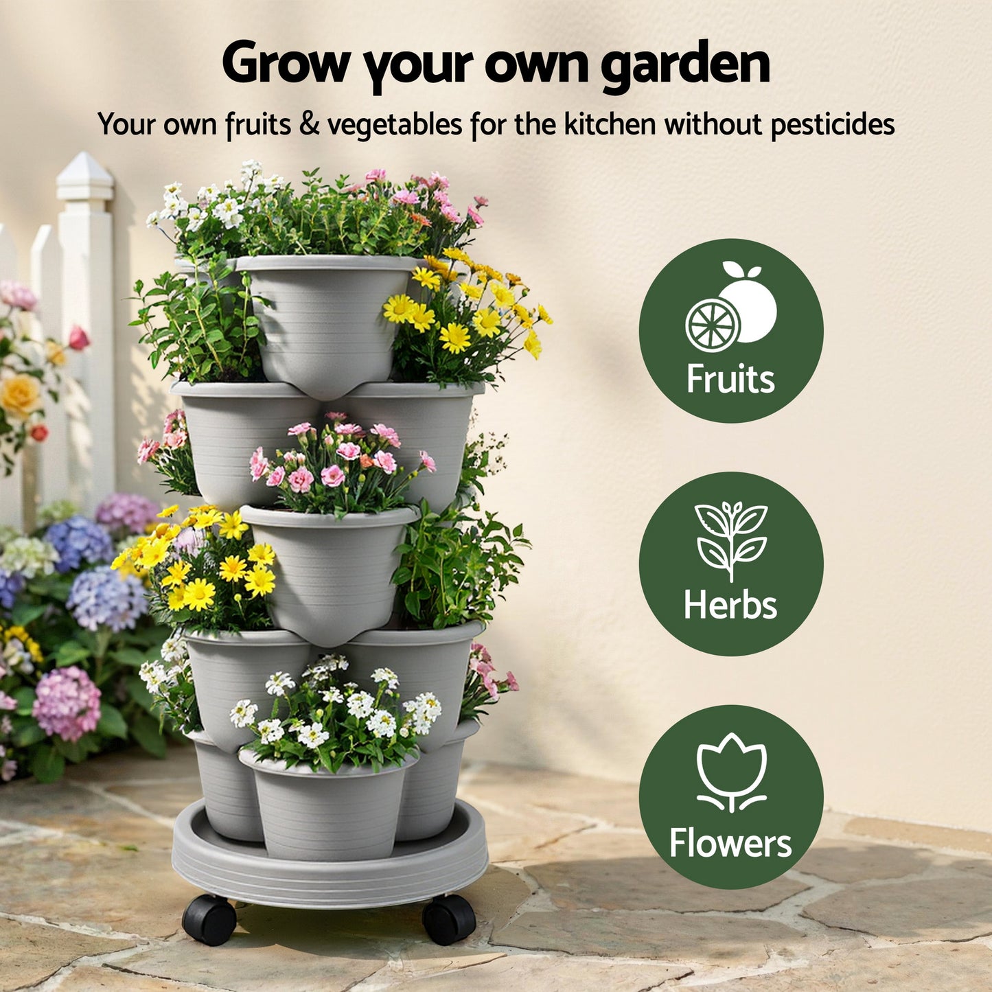 Green Fingers 5 Tier Vertical Garden Planter, Stackable Planters with 4 Wheels, Grey, Raised Garden Bed, Garden Tower Indoor Outdoor, Auto Drainage System, for Strawberries, Herbs, Flower, Vegetables - Image 4
