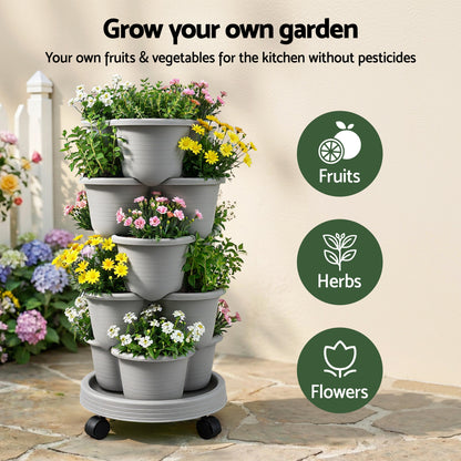 Green Fingers 5 Tier Vertical Garden Planter, Stackable Planters with 4 Wheels, Grey, Raised Garden Bed, Garden Tower Indoor Outdoor, Auto Drainage System, for Strawberries, Herbs, Flower, Vegetables - Image 4