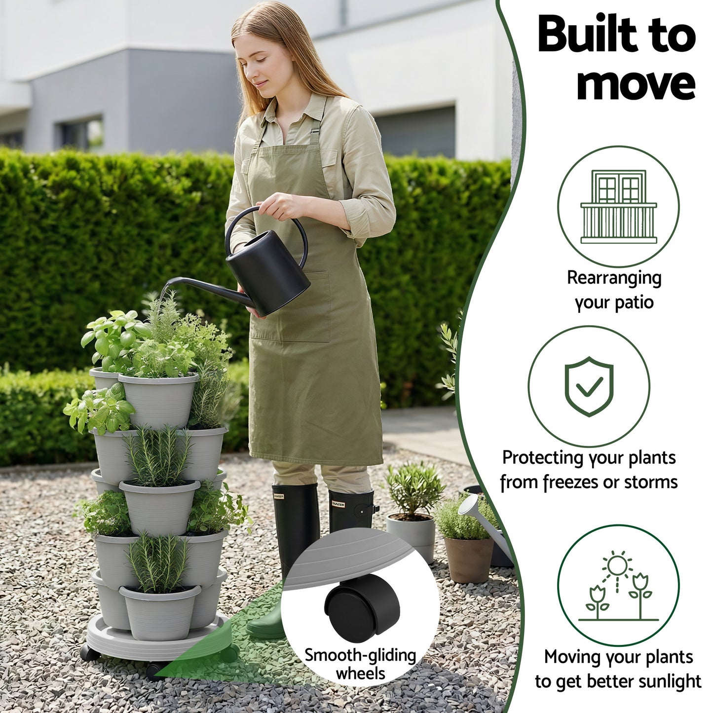 Green Fingers 5 Tier Vertical Garden Planter, Stackable Planters with 4 Wheels, Grey, Raised Garden Bed, Garden Tower Indoor Outdoor, Auto Drainage System, for Strawberries, Herbs, Flower, Vegetables - Image 5