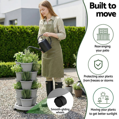 Green Fingers 5 Tier Vertical Garden Planter, Stackable Planters with 4 Wheels, Grey, Raised Garden Bed, Garden Tower Indoor Outdoor, Auto Drainage System, for Strawberries, Herbs, Flower, Vegetables - Image 5