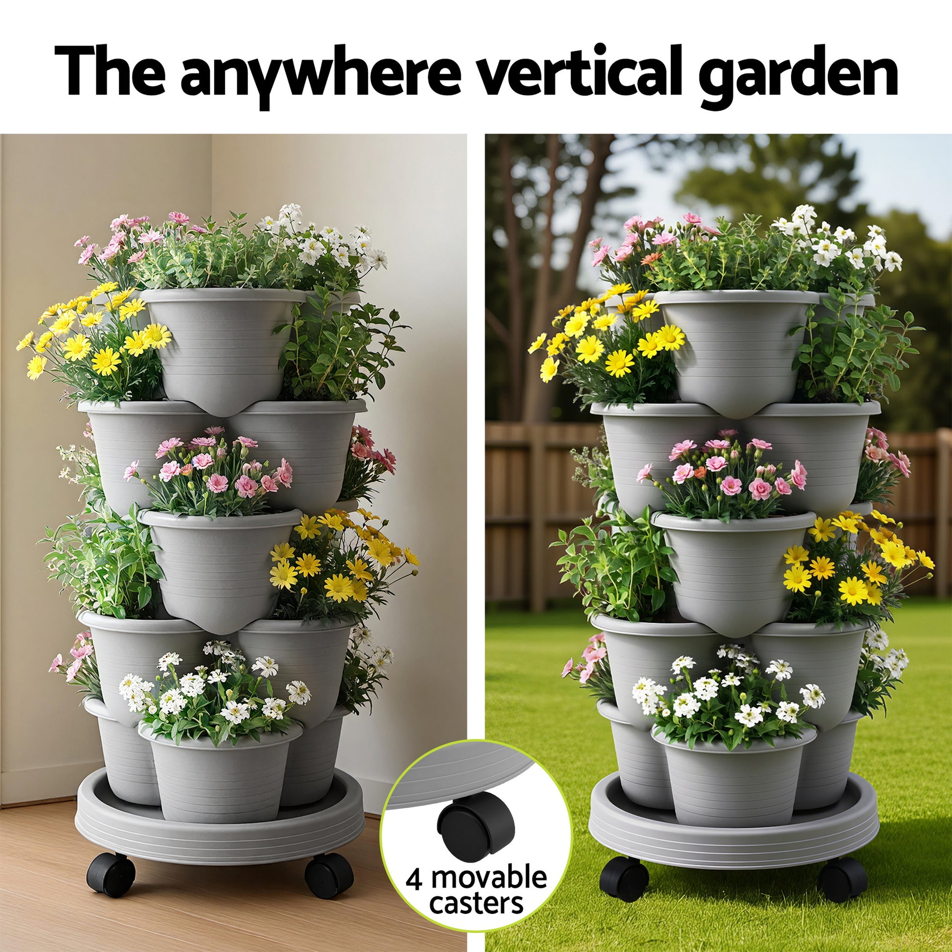 Green Fingers 5 Tier Vertical Garden Planter, Stackable Planters with 4 Wheels, Grey, Raised Garden Bed, Garden Tower Indoor Outdoor, Auto Drainage System, for Strawberries, Herbs, Flower, Vegetables - Image 6