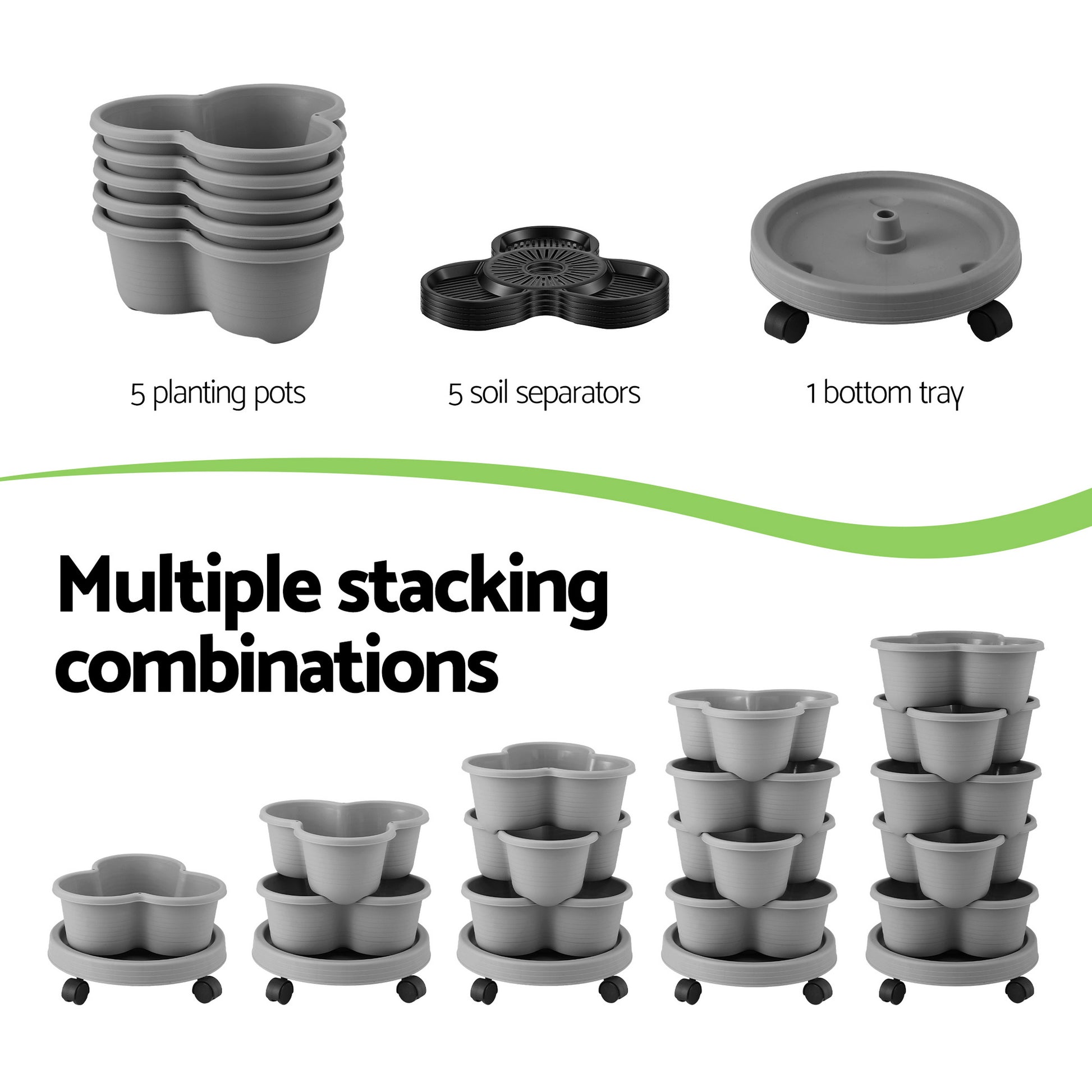 Green Fingers 5 Tier Vertical Garden Planter, Stackable Planters with 4 Wheels, Grey, Raised Garden Bed, Garden Tower Indoor Outdoor, Auto Drainage System, for Strawberries, Herbs, Flower, Vegetables - Image 8