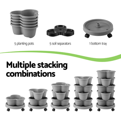 Green Fingers 5 Tier Vertical Garden Planter, Stackable Planters with 4 Wheels, Grey, Raised Garden Bed, Garden Tower Indoor Outdoor, Auto Drainage System, for Strawberries, Herbs, Flower, Vegetables - Image 8