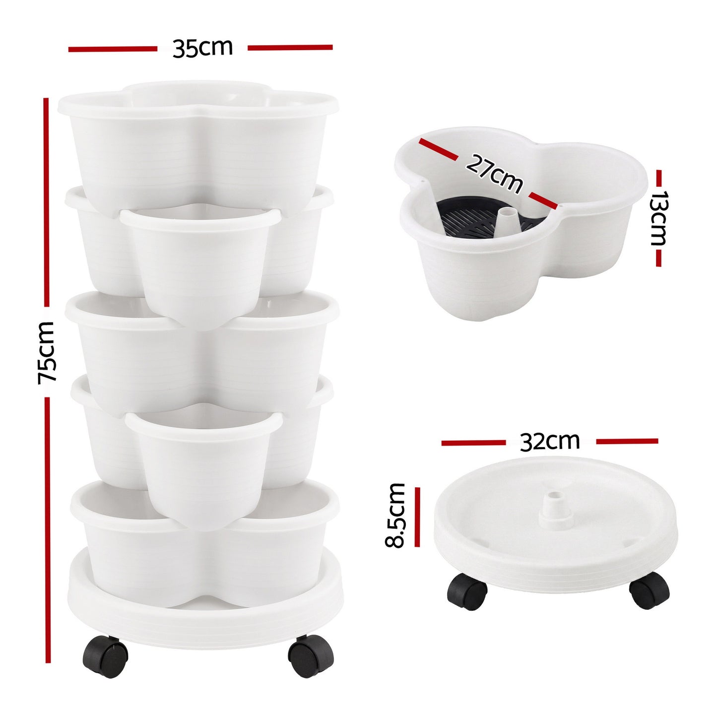 Green Fingers 5 Tier Vertical Garden Planter, Stackable Planters with Wheels, White, Garden Bed, Garden Tower Indoor Outdoor, Auto Drainage System, for Strawberries, Herbs, Flowers, Vegetables - Image 2