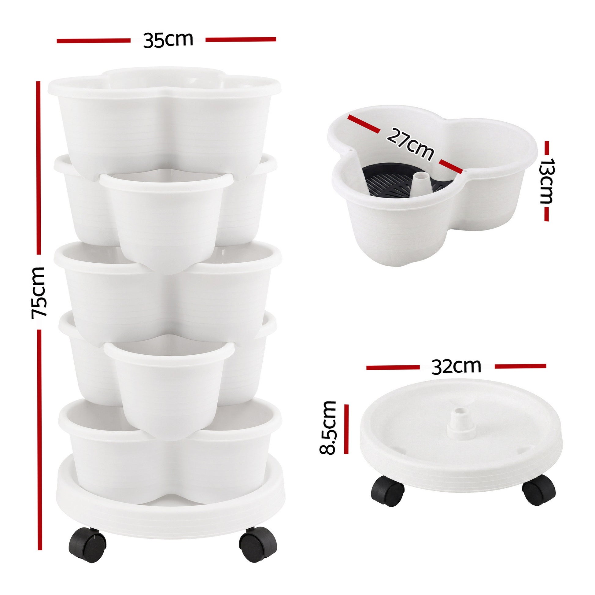 Green Fingers 5 Tier Vertical Garden Planter, Stackable Planters with Wheels, White, Garden Bed, Garden Tower Indoor Outdoor, Auto Drainage System, for Strawberries, Herbs, Flowers, Vegetables - Image 2