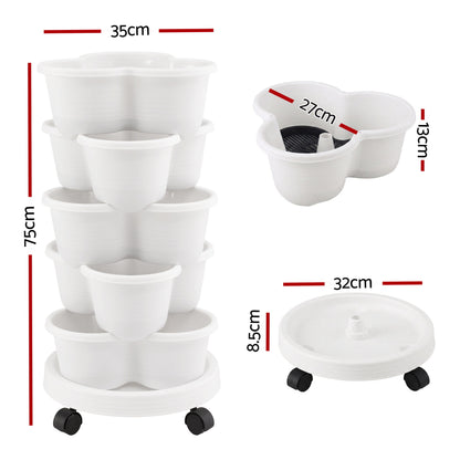 Green Fingers 5 Tier Vertical Garden Planter, Stackable Planters with Wheels, White, Garden Bed, Garden Tower Indoor Outdoor, Auto Drainage System, for Strawberries, Herbs, Flowers, Vegetables - Image 2